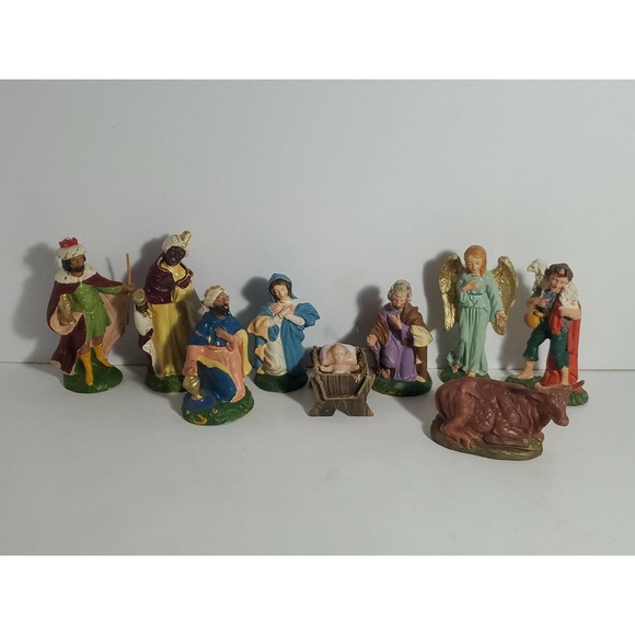 ANTIQUE 1940S COMPOSITION NATIVITY FIGURINE set of 10 pieces 5" Italy Hand Paint - Picture 1 of 7